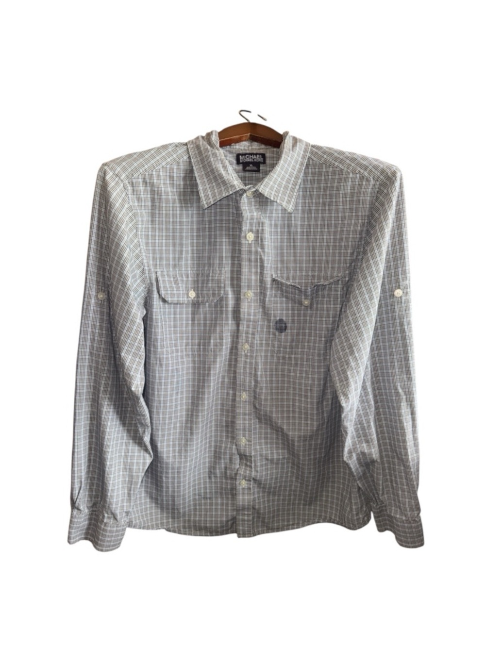 Michael Kors Men's XL Cotton Light Gray Windowpane Button-Down Shirt Long Sleeve